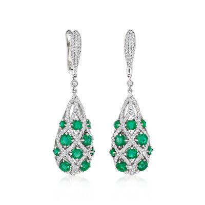 5.75 ct. t.w. Emerald and 2.25 ct. t.w. Diamond Drop Earrings in 14kt White Gold