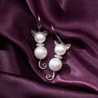 7.5-9mm Cultured Pearl and Diamond-Accented Cat Drop Earrings in Sterling Silver