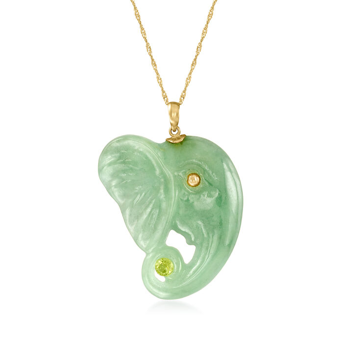 Jade Elephant Pendant Necklace with .30 Carat Peridot in 14kt Yellow Gold