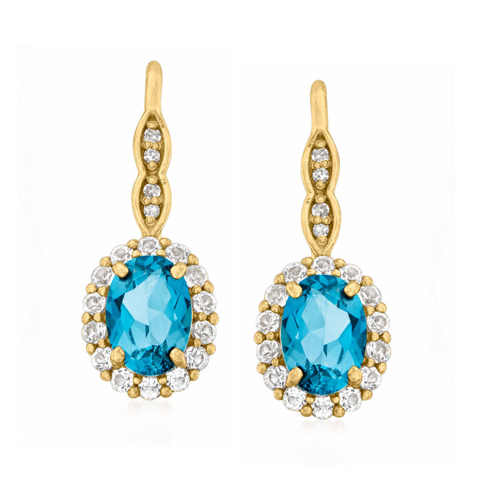 1.80 ct. t.w. London Blue and White Topaz Drop Earrings with Diamond Accents in 14kt Yellow Gold
