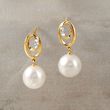 7.5mm Cultured Pearl Drop Earrings with Diamond Accents in 14kt Yellow Gold