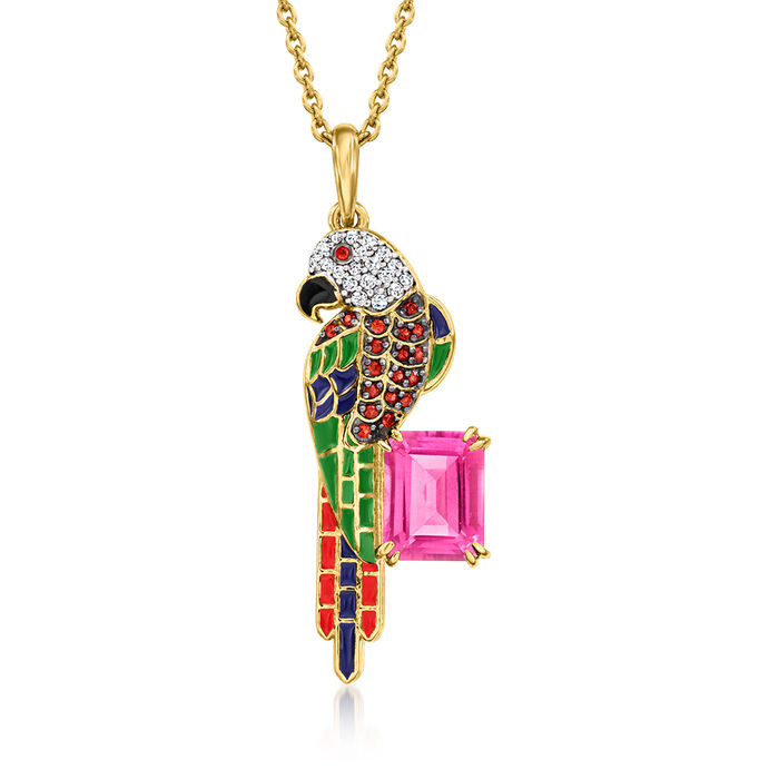 2.80 Carat Pink Topaz and .20 ct. t.w. Multi-Gemstone Parrot Pendant Necklace with Multicolored Enamel in 18kt Gold Over Sterling