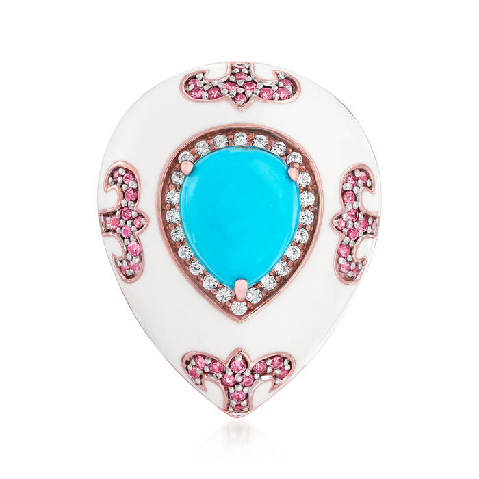 Turquoise, .90 ct. t.w. Rhodolite Garnet and .70 ct. t.w. White Zircon Ring with White Enamel in 18kt Rose Gold Over Sterling