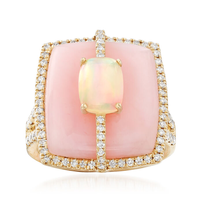 17x15mm Pink Opal, 6x8mm White Opal and .59 ct. t.w. Diamond Ring in 14kt Yellow Gold