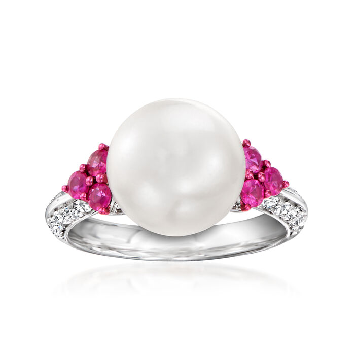 11mm Cultured South Sea Pearl Ring with .50 ct. t.w. Rubies and .36 ct. t.w. Diamonds in 18kt White Gold
