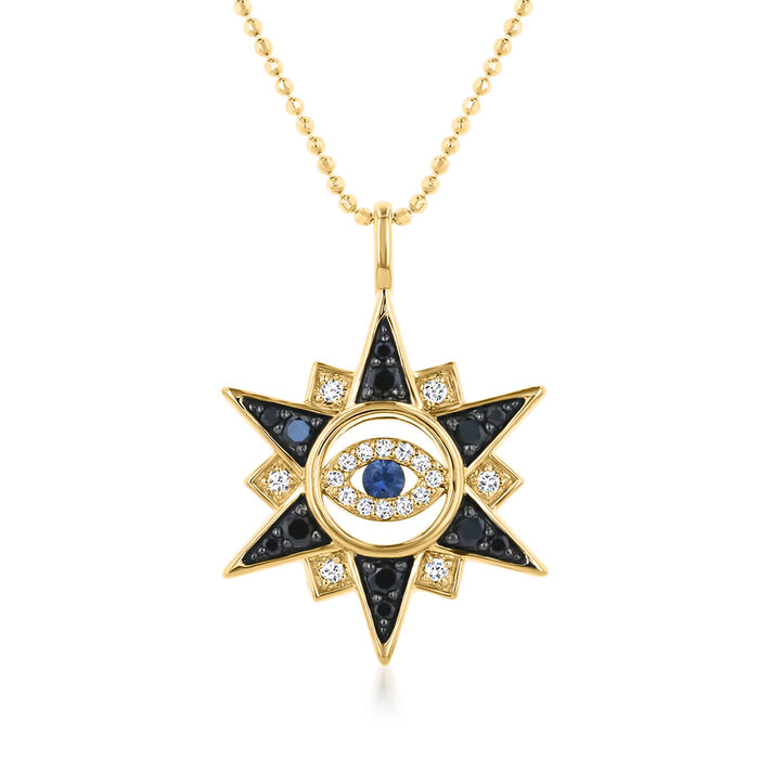 .31 ct. t.w. Black and White Diamond Evil Eye Pendant Necklace with Sapphire Accent in 14kt Yellow Gold