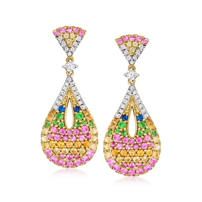 2.80 ct. t.w. Multicolored Sapphire and .51 ct. t.w. Diamond Drop Earrings in 14kt Yellow Gold
