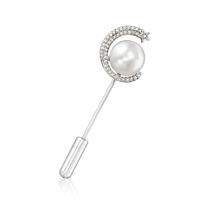 10-10.5mm Cultured Pearl and .16 ct. t.w. Diamond Moon and Star Stick Pin in Sterling Silver