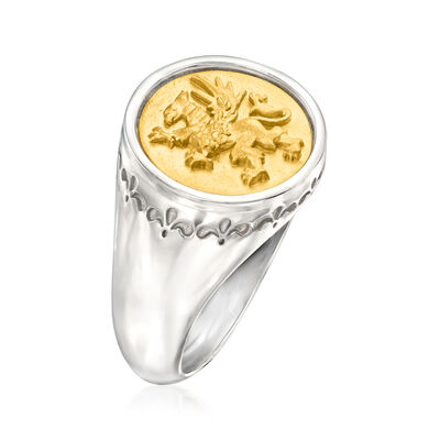 Italian Two-Tone Sterling Silver Griffin Signet Ring
