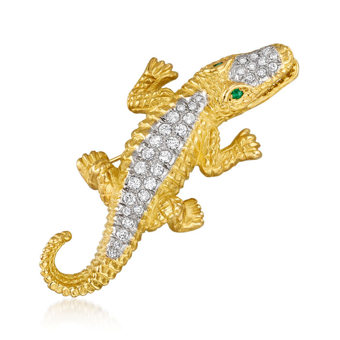 C. 1980 Vintage 1.50 ct. t.w. Diamond Alligator Pin with Emerald Accents in 18kt Yellow Gold