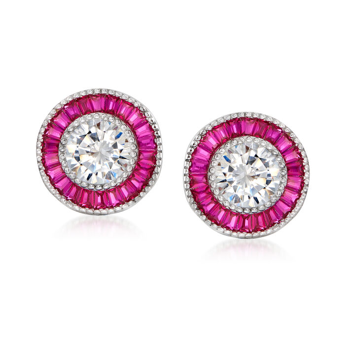 3.10 ct. t.w. CZ and .80 ct. t.w. Simulated Ruby Earrings in Sterling Silver