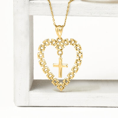 14kt Yellow Gold Cross in Open-Link Heart Pendant Necklace