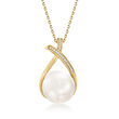 13.5-14mm Cultured Pearl X Pendant Necklace with Diamond Accents in 14kt Yellow Gold