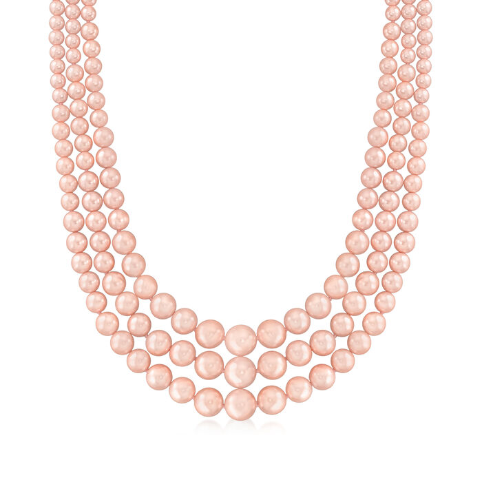 6-12mm Pink Shell Pearl Three-Strand Necklace with Sterling Silver