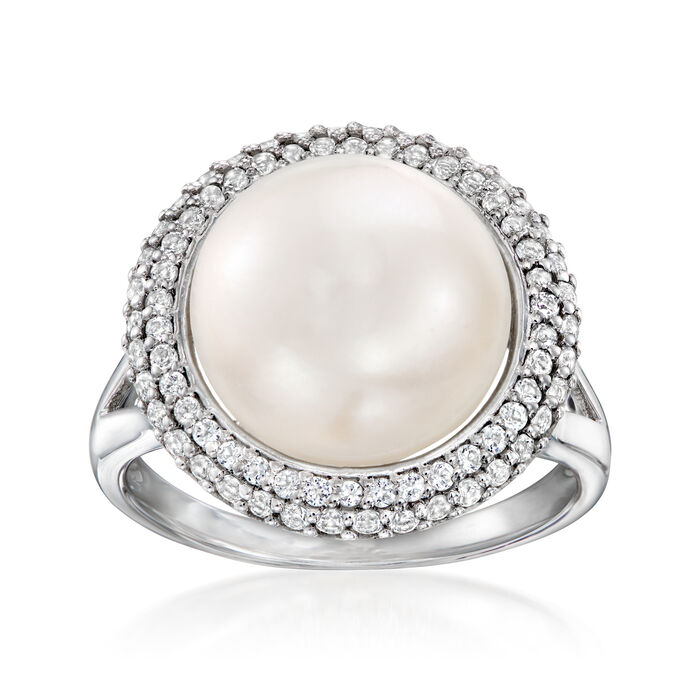 12-12.5mm Cultured Pearl and .90 ct. t.w. White Topaz Ring in Sterling Silver