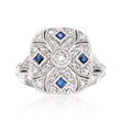C. 1990 Vintage .59 ct. t.w. Diamond and .28 ct. t.w. Sapphire Filigree Ring in 14kt White Gold