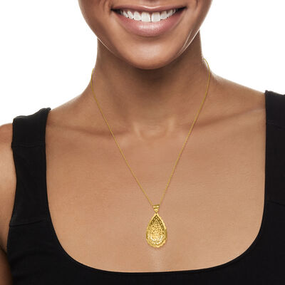 Italian 14kt Yellow Gold Satin and Polished Floral Lace Teardrop Pendant