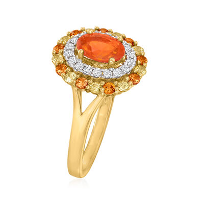 Fire Opal Ring with .60 ct. t.w. Multicolored Sapphires and .18 ct. t.w. Diamonds in 14kt Yellow Gold