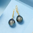 11-12mm Black Cultured Tahitian Pearl Earrings in 14kt Yellow Gold
