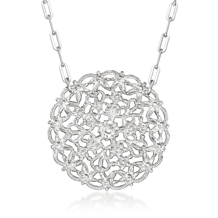 Italian Sterling Silver Floral Medallion Paper Clip Link Necklace