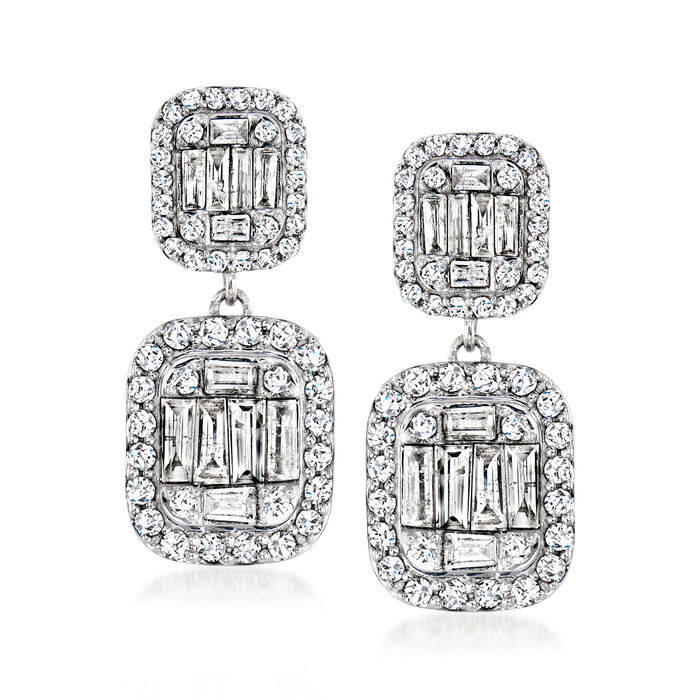 1.25 ct. t.w. Baguette and Round Diamond Cluster Drop Earrings in Sterling Silver