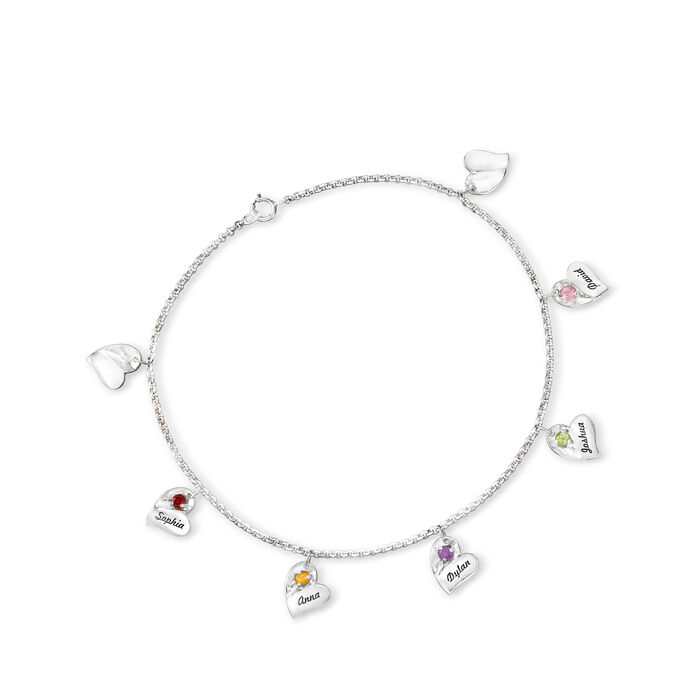 Personalized Heart Drop Anklet in Sterling Silver - 1 to 7 Birthstones and Names
