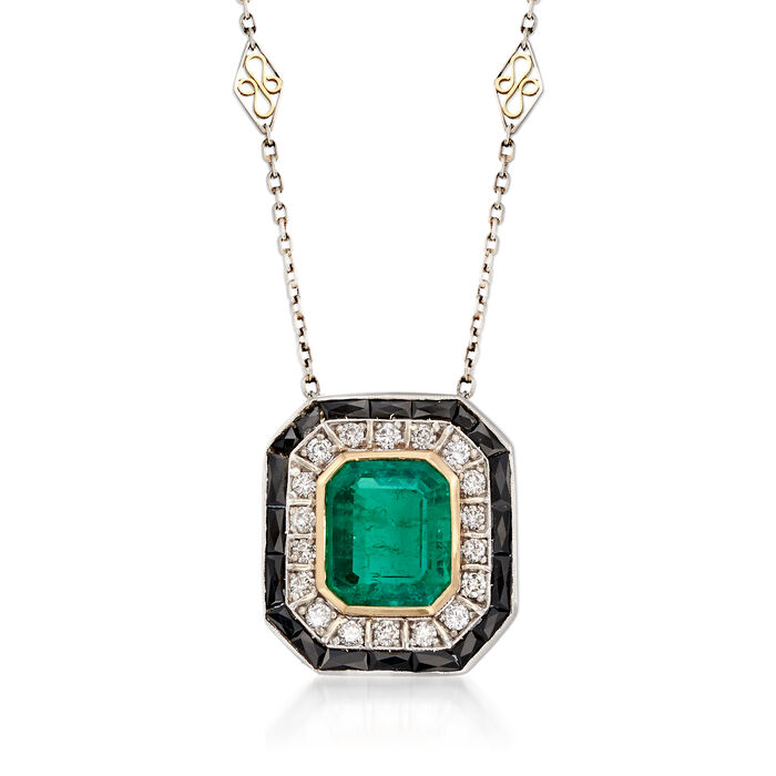 C. 1930 Vintage 5.38 Carat Emerald Necklace With Diamonds and Black Onyx in Platinum and 18kt Gold