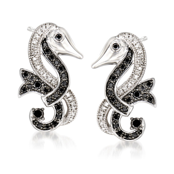 .50 ct. t.w. Black and White Diamond Seahorse Earrings in Sterling Silver