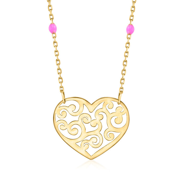 Italian 14kt Yellow Gold Openwork Heart Necklace with Pink Enamel