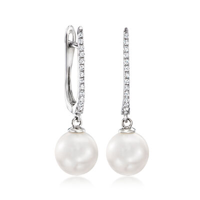 9-9.5mm Cultured Pearl and .20 ct. t.w. Diamond Drop Earrings in 14kt White Gold