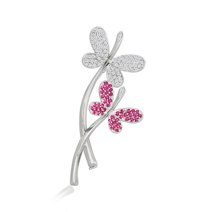 C. 1980 Vintage .62 ct. t.w. Ruby and .74 ct. t.w. Diamond Butterfly Pin/Pendant in 18kt White Gold
