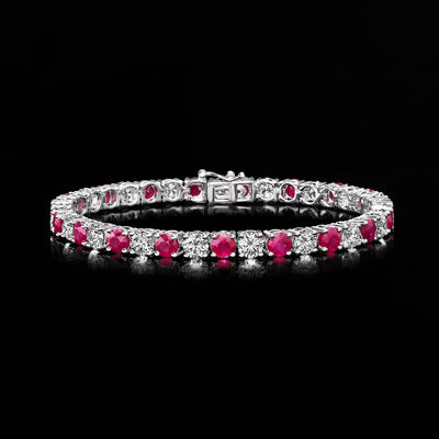 8.50 ct. t.w. Ruby and 7.00 ct. t.w. Lab-Grown Diamond Tennis Bracelet in 14kt White Gold