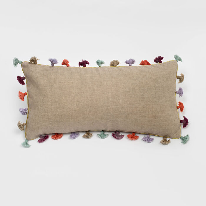Joanna Buchanan Taupe Linen Rainbow Tassel Mini Lumbar Pillow