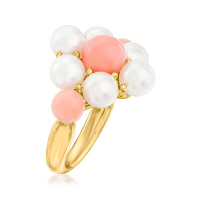 C. 1960 Vintage 5.6mm Cultured Pearl and Pink Coral Ring in 18kt Yellow Gold