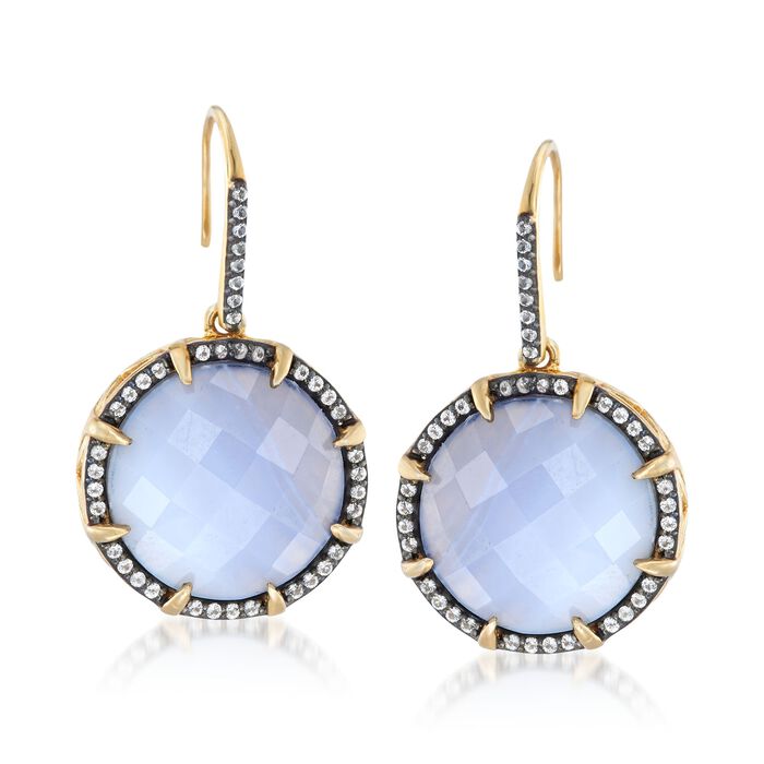 18mm Blue Agate and .80 ct. t.w. White Topaz Drop Earrings in 18kt Gold Over Sterling