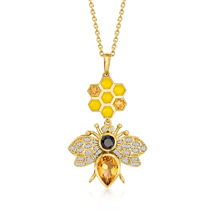 2.84 ct. t.w. Multi-Gemstone Bumblebee  Pendant Necklace with Yellow Enamel in 18kt Gold Over Sterling