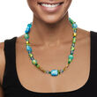 Italian Blue and Green Patterned Murano Glass Bead Necklace with 18kt Gold Over Sterling 18-inch