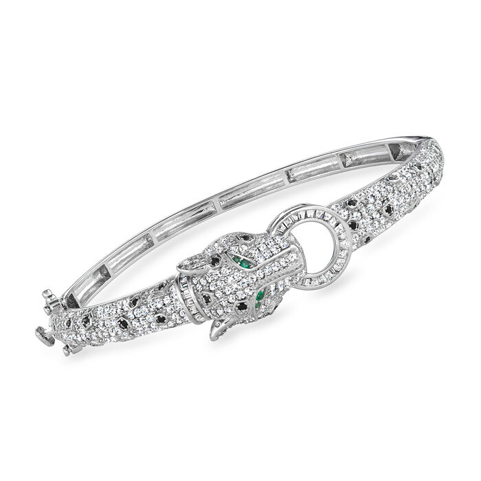 4.00 ct. t.w. Multicolored CZ Panther Bangle Bracelet with Simulated Emerald Accents in Sterling Silver
