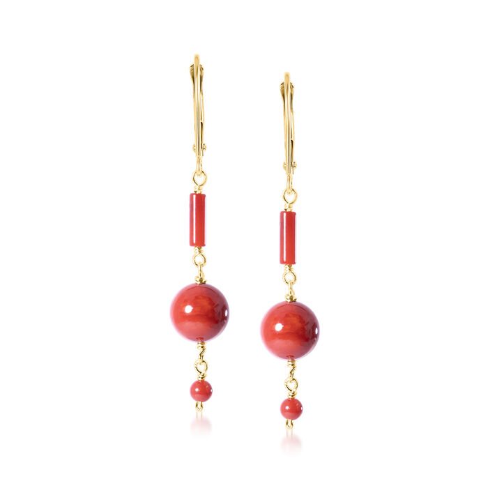 4-8mm Red Coral Bead Drop Earrings in 14kt Yellow Gold