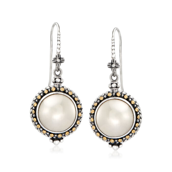 12mm Cultured Mabe Pearl Drop Bali-Style Earrings in Sterling Silver and 18kt Yellow Gold