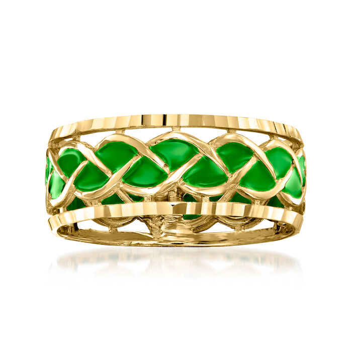 Italian Green Enamel Braided Ring in 14kt Yellow Gold