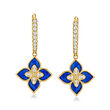 .30 ct. t.w. CZ and Blue Enamel Flower Hoop Drop Earrings in 14kt Yellow Gold