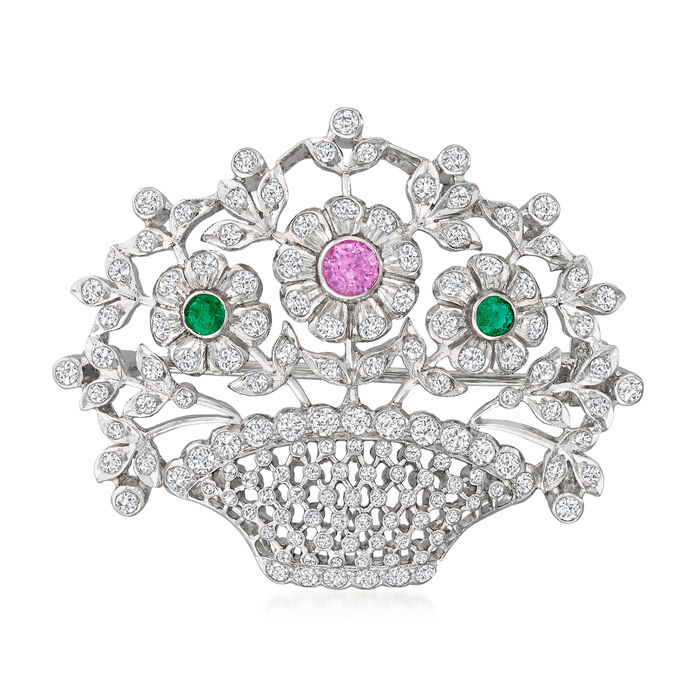 C. 1990 Vintage 2.50 ct. t.w. Diamond, .30 Carat Pink Sapphire and .25 ct. t.w. Emerald Flower Basket Pin in 18kt White Gold
