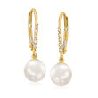 7-7.5mm Cultured Pearl Drop Earrings with Diamond Accents in 14kt Yellow Gold