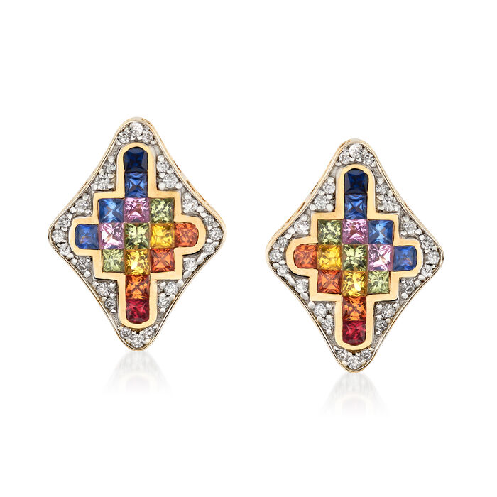 1.70 ct. t.w. Multicolored Sapphire and .31 ct. t.w. Diamond Stud Earrings in 14kt Yellow Gold