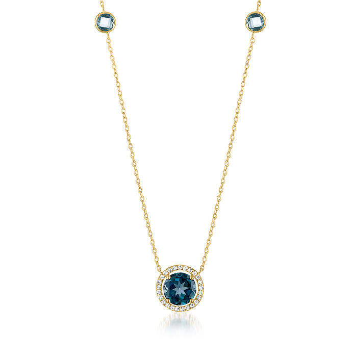 1.60 Carat London Blue Topaz Station Necklace with 1.00 ct. t.w. Sky Blue Topaz and .12 ct. t.w. Diamonds in 14kt Yellow Gold