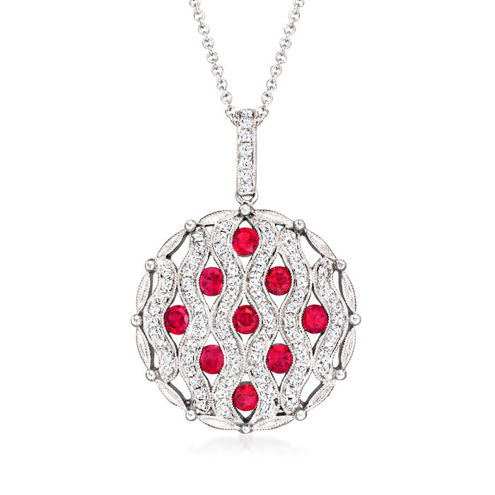 1.00 ct. t.w. Ruby and .44 ct. t.w. Diamond Milgrain Pendant Necklace in 14kt White Gold