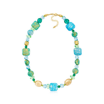 Italian Blue and Green Patterned Murano Glass Bead Necklace with 18kt Gold Over Sterling