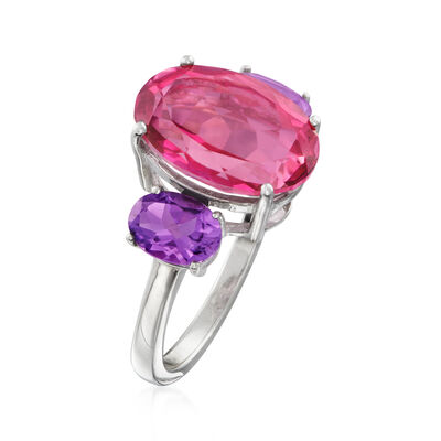 7.50 Carat Pink Topaz and 1.40 ct. t.w. Amethyst Three-Stone Ring in Sterling Silver
