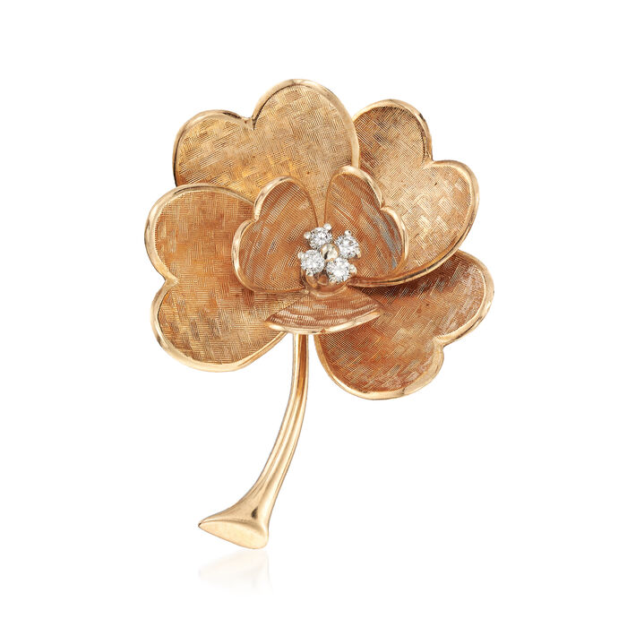 C. 1970 Vintage 14kt Yellow Gold Flower Pin With .12 ct. t.w. Diamonds
